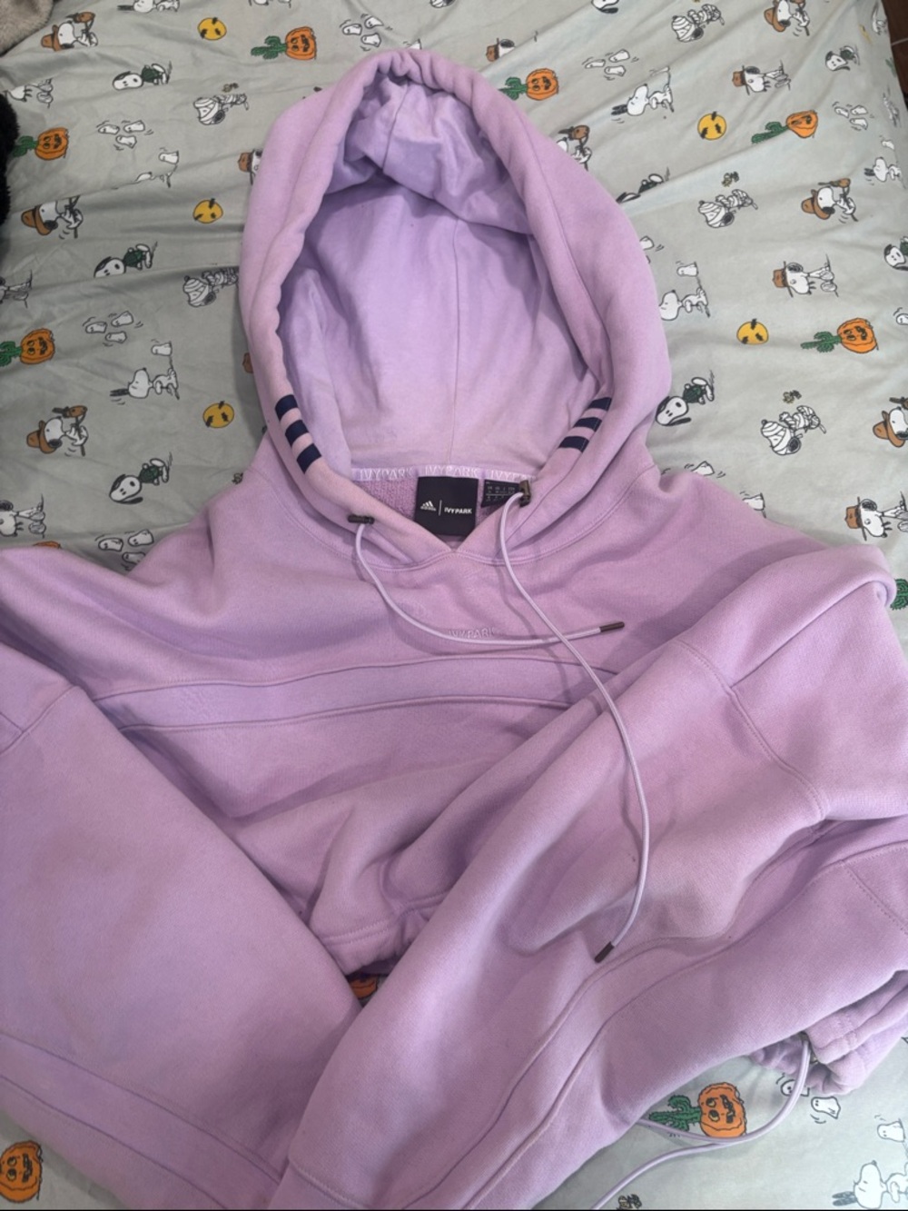 adidas lavender pullover hoodie with navy stripe detail